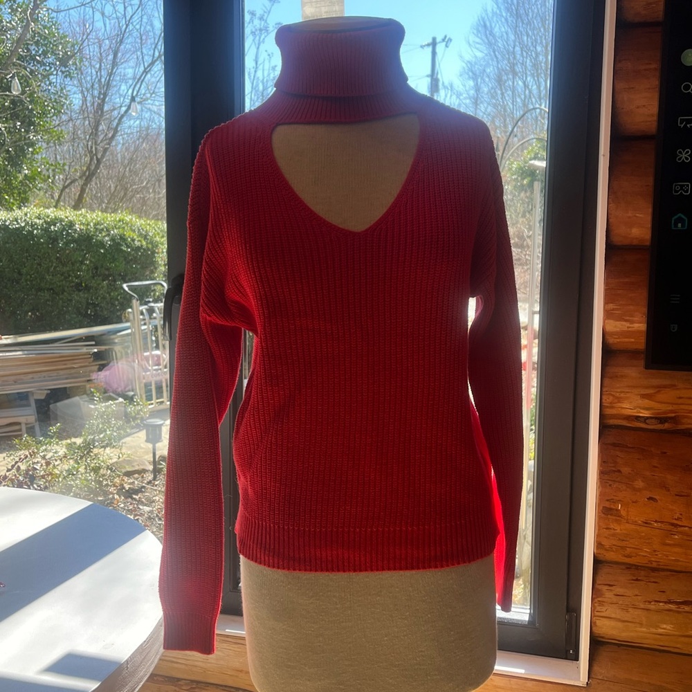 Red Turtleneck Cutout Sweater